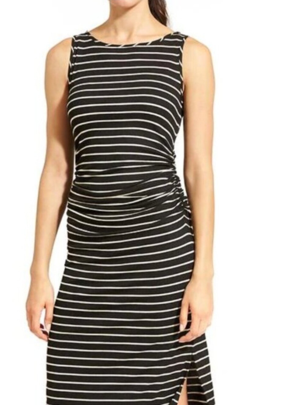 Athleta Black and Cream Striped Midi Tank Dress Ruched. Women's Size Small.